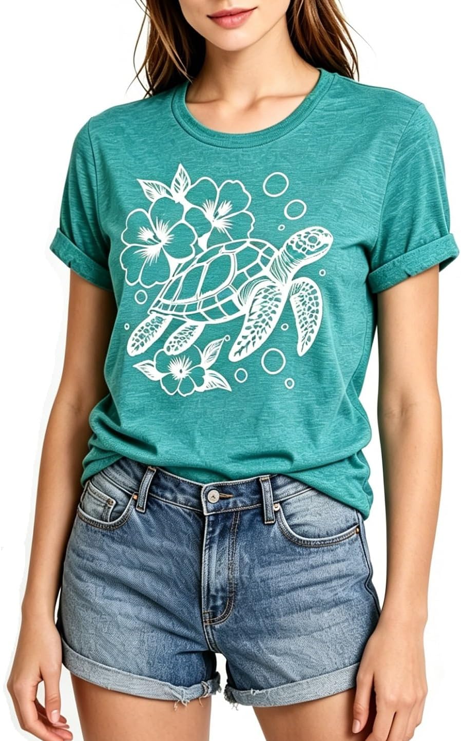 Hawaiian Sea Turtle T Shirt for Women Summer Beach V-Neck Funny Turtle Graphic Tee Shirts Vacation Casual Loose Tops