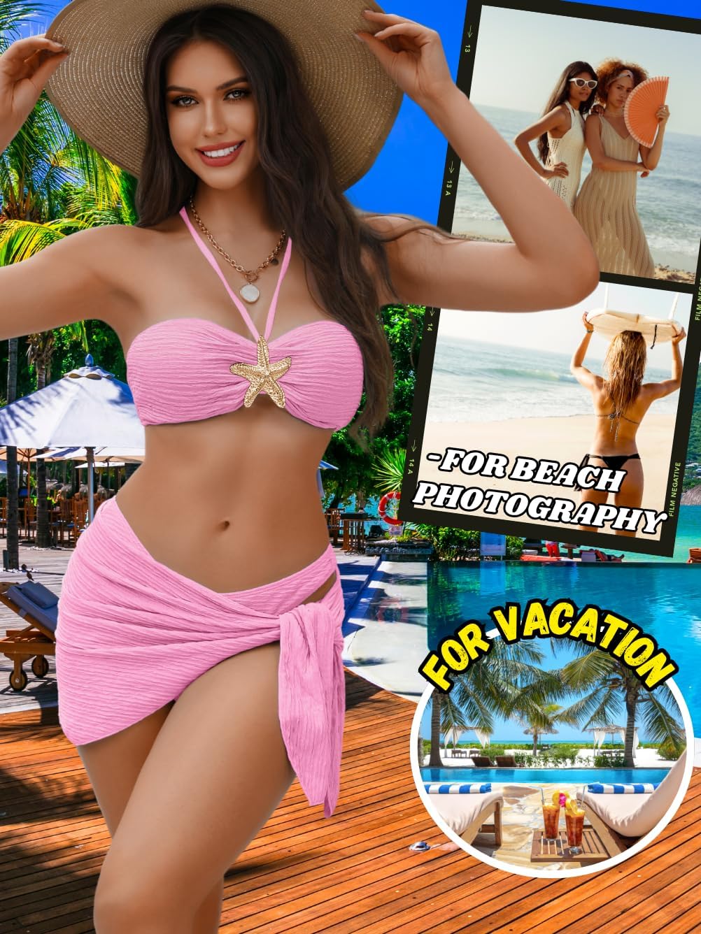 Sexy Womens Starfish 3 Piece Bikini Set, Textured Halter Bandeau Swimsuit Cover Up Skirt, Bathing Suit Beach Outfits - Image 7