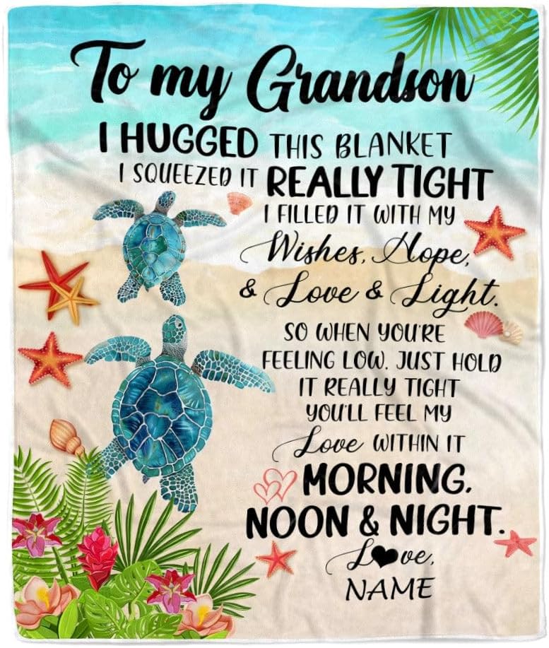 Personalized to My Grandson Blanket from Grandma Papa I Hugged This with Love Turtle Beach Grandson Birthday Graduation Christmas Customized Fleece Blanket (50 x 60 in Youth Size)