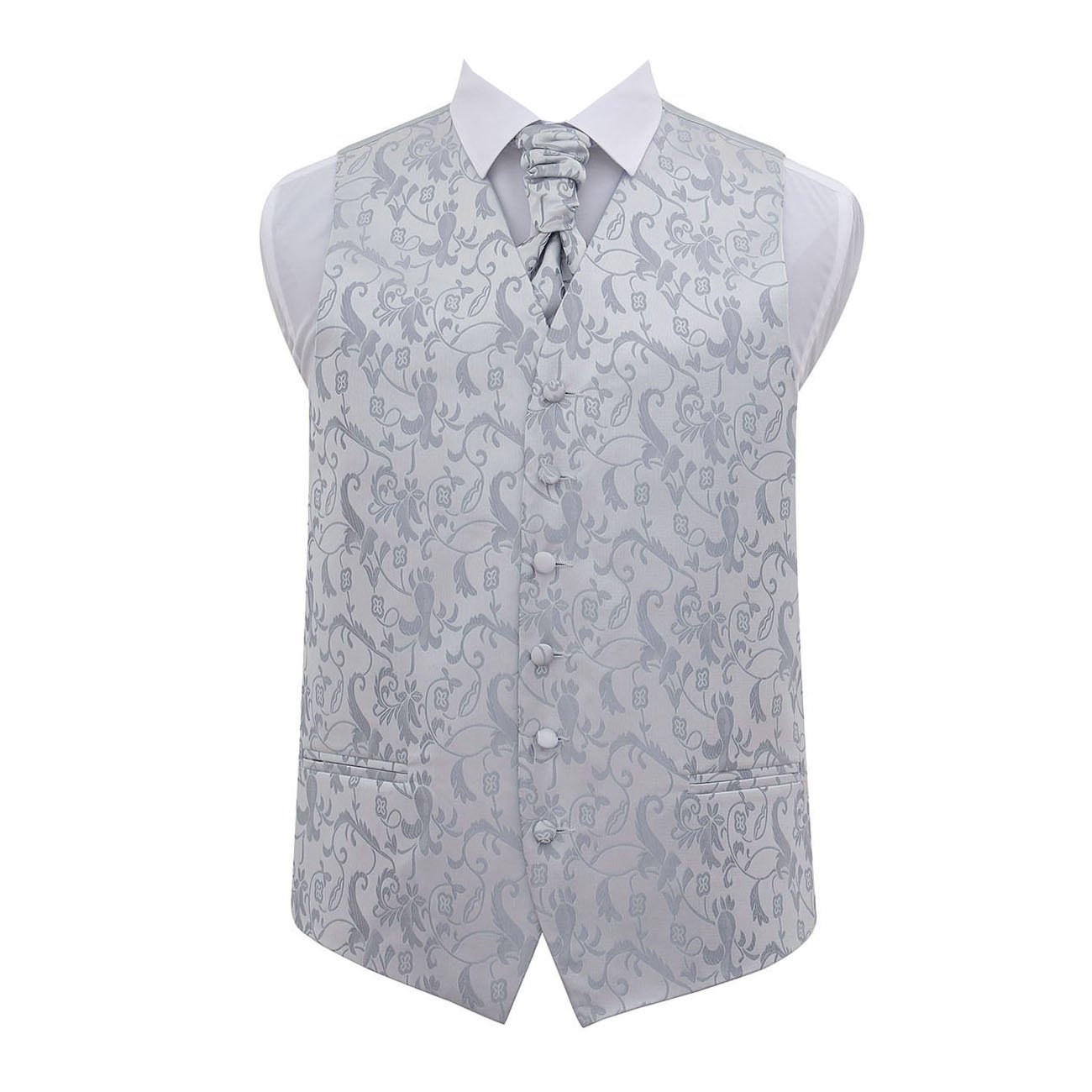 Dqt Men's Silver Passion Floral Jacquard Waistcoat, Cravat, Pocket Square & Cufflinks Set (4Pc) - Wedding, Business & Formal - 40" (L)