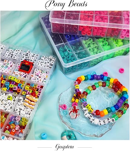 Miniatura 4 de Gaspletu Kit de 4080 cuentas de pony para hacer pulseras, 48 colores, 2400 cuentas de arco iris Kandi con 6 estilos, 1680 cuentas de letras, kit de