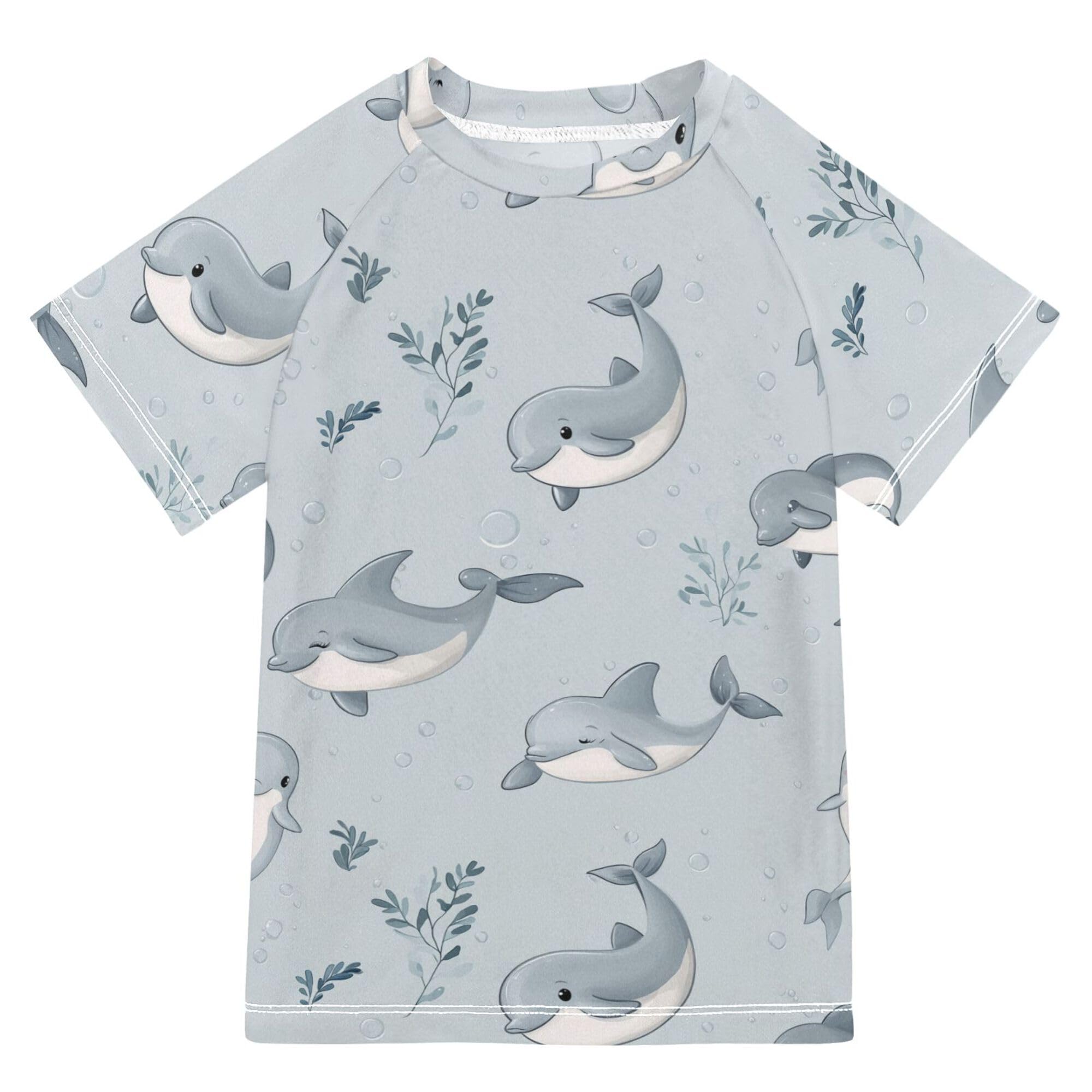 Cute Dolphin Silver Kids Bathing Suits Girls Short Sleeves Girl Rash Guard Swimwears Kids Polyester Shirts for Teen Boy 5-6T
