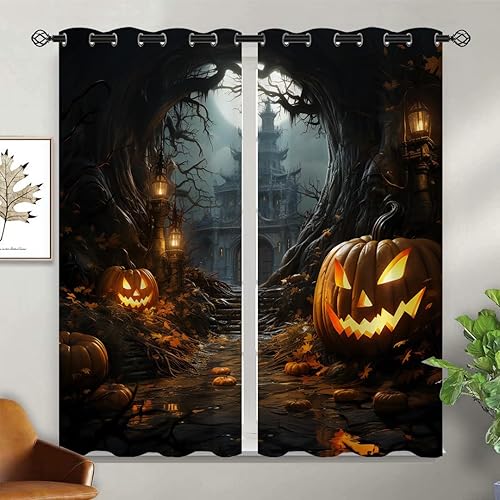 Miniatura 2 de ONINUO Cortinas opacas de Halloween para niñas y niños, decoración del hogar, calabaza, fantasma, fiesta, cementerio, casa, ojales, aislamiento