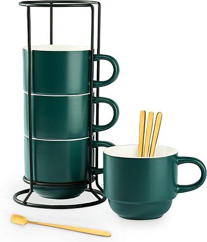 Miniatura 10 de YHOSSEUN Tazas de café apilables con estante y cuchara de metal, tazas Demitasse de 11 onzas para expreso, latte, capuchino, cacao caliente, tazas