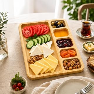Bambu Kahvaltılık Sunum Tepsisi 6 Bölmeli Ahşap Servis Tabağı Doğal Bambu Kahvaltı ve Çerez Sunumluk 32.5x25.5x2CM