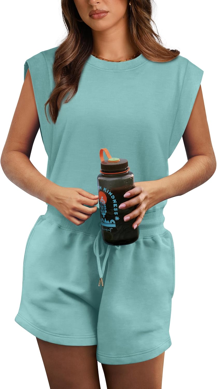 OFEEFAN Rompers for Women Summer Cap Sleeve Adjustable Drawstring Waistband Crewneck Casual Outfits with Pockets - Image 4