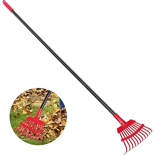 Garden Leaf Rake with 34.5" to 59" Adjustable Long Steel Handle, 11 Metal Tines 8.8" Wide Garden Rake for Lawns Shrub Debris and Flower Beds
