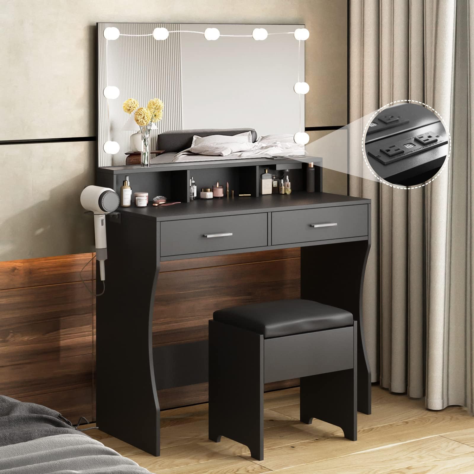 Vabches Vanity Desk with Mirror and Lights,Makeup Vanity with Storage Chair & Drawers,9 Hollywood Bulbs & 3 Lighting Modes,Dressing Table Set with Power Strip for Girls Bedroom,Black
