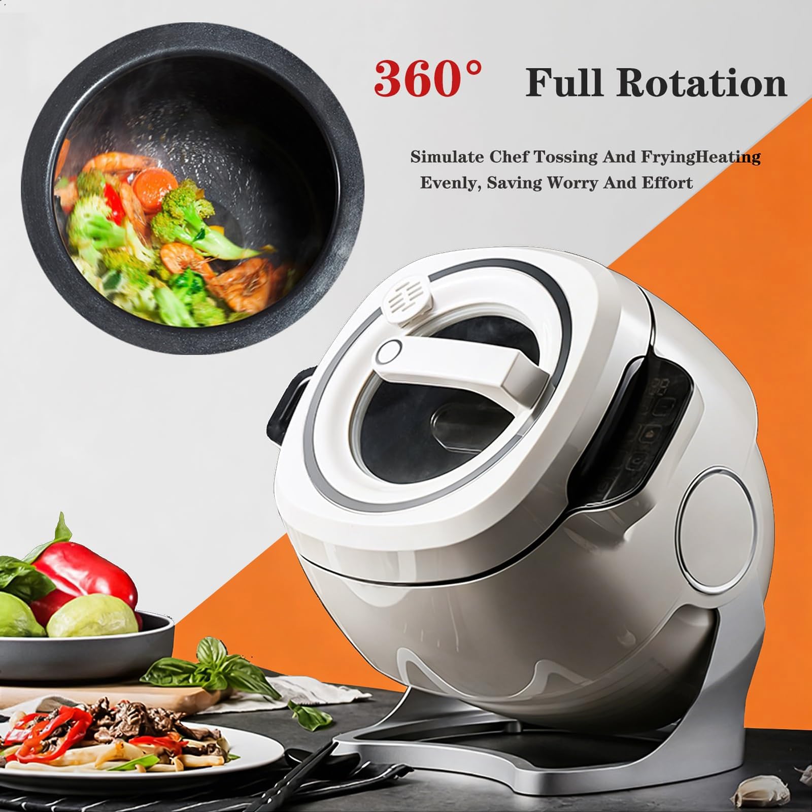 Macchina per Riso Fritto con Wok di Cottura Automatica, Macchina da Cucina Intelligente con Coperchio del Pentolino Visivo, Rotazione Automatica a 360°, Velocità a 3 Marce e Capacità di 6L, Robot