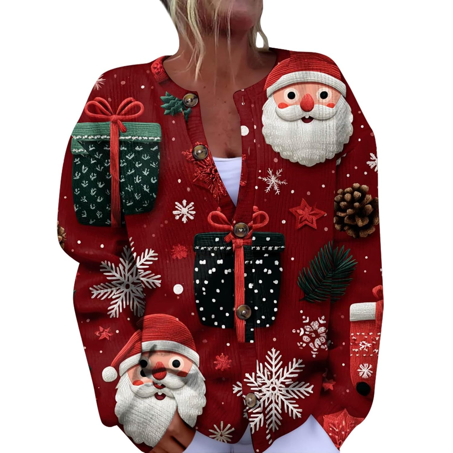 Women Christmas Sweater Reindeer New Years Open Front Long Sleeve Holiday Sweater Cardigan