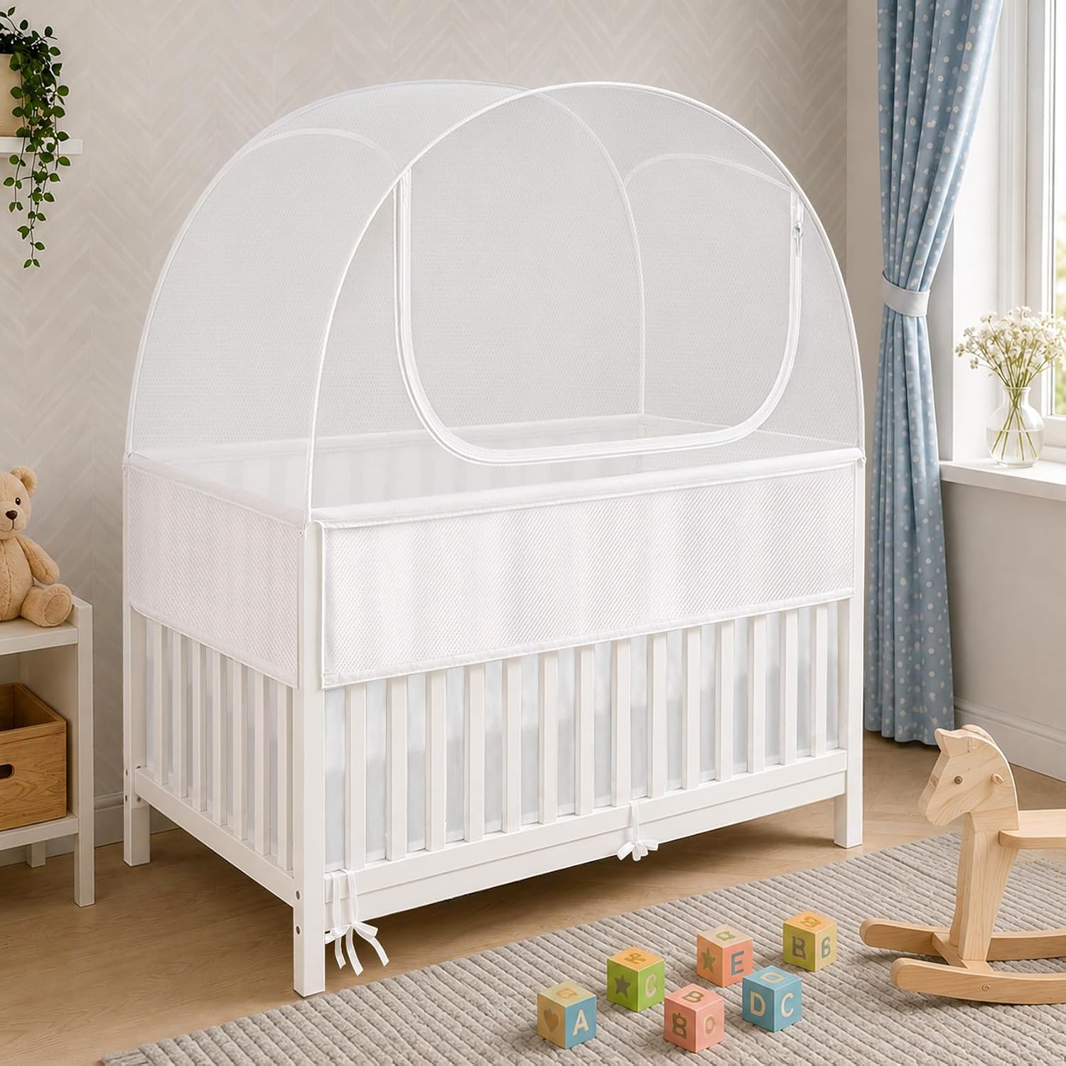 Full Size Cribs 3-in-1 Breathable Mesh Crib Liner, Teething Rail Cover & Crib Net Set, Unpadded Baby Bed Accessories for Maximum Airflow and Protection, Designed for 4 Equal-Height Sides Crib