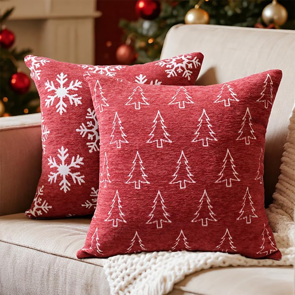 Housses De Coussin Noël - Lot De 4 Housses 45x45 Cm En Lin, Motifs Festifs (Père Noël, Bonhommes De Neige...)