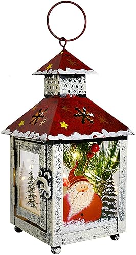 Farol decorativo de Navidad para colgar, farol LED rústico, farol de mesa de metal rústico, funciona con pilas, linterna colgante para interiores y