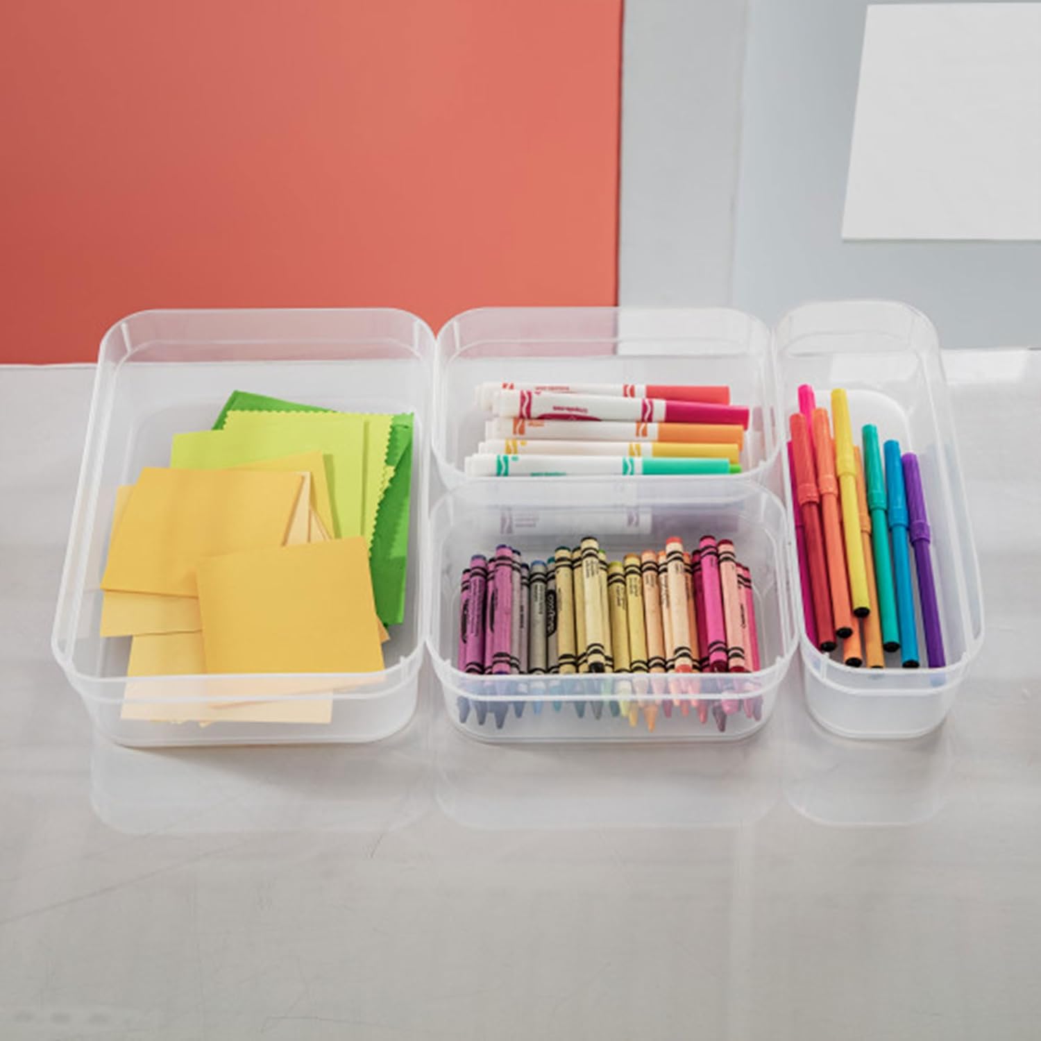 Sterilite Medium Storage Tray Containers with Sturdy Banded Rim and Textured Bottom for Desktop and Drawer Household Organization, Clear, 24 Pack