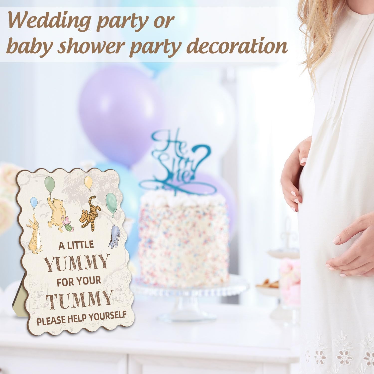A Little Yummy for Your Tummy Sign for Baby Shower, Winnie Baby Shower Party Decoration, Cute Bear Theme Party Supplies, Wedding Party Sign with Stand for Guests 8 * 10IN image 5