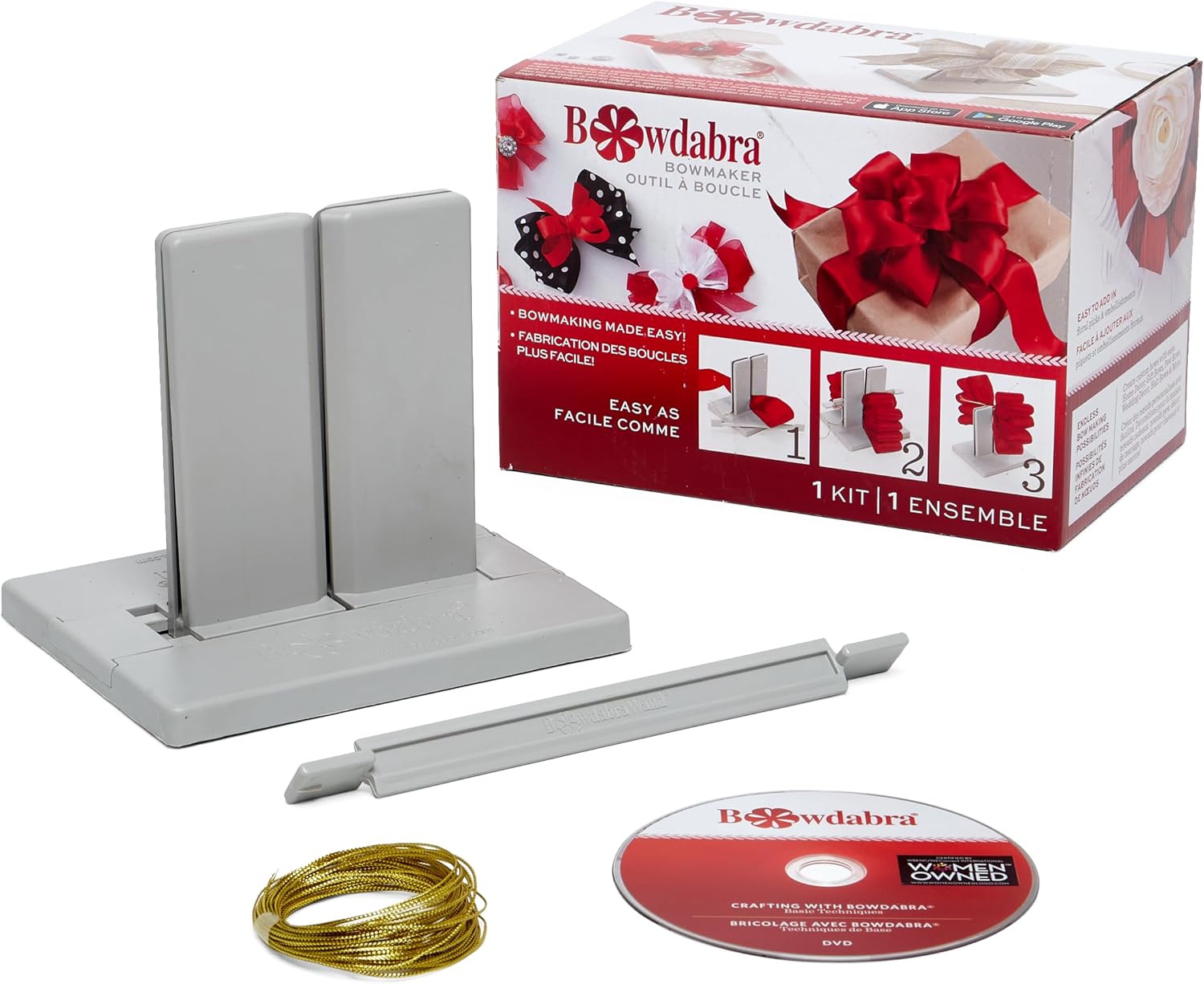 Bowdabra Bow Maker Tool for Ribbon, Create Bows for Wreaths, Decor, Gifts, Kit Includes 10 Yards of Gold Bow Wire