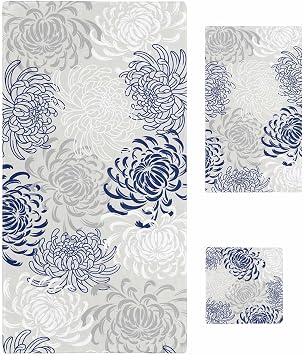 Blue White 3 Piece Bath Towels Set, Abstract Grey Chrysanthemum Flower Floral Soft Absorbent Bathroom Shower Towels Luxury Set with 1 Bath Towel, 1 Hand Towel, 1 Washcloth