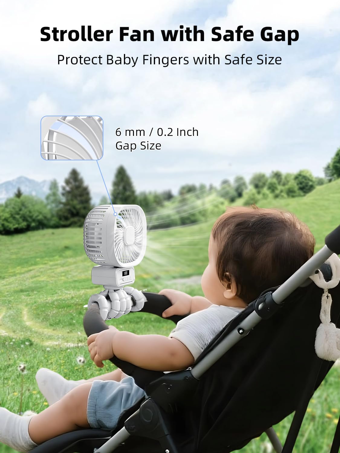 Ventilateur Portable Poussette avec 10000mAh, 3 Vitesses Ventilateur Rechargeable à Rotation 270°, Ventilateur USB Silencieux avec Support Amovible et LED Convient aux Poussette, Lit bébé, Blanc