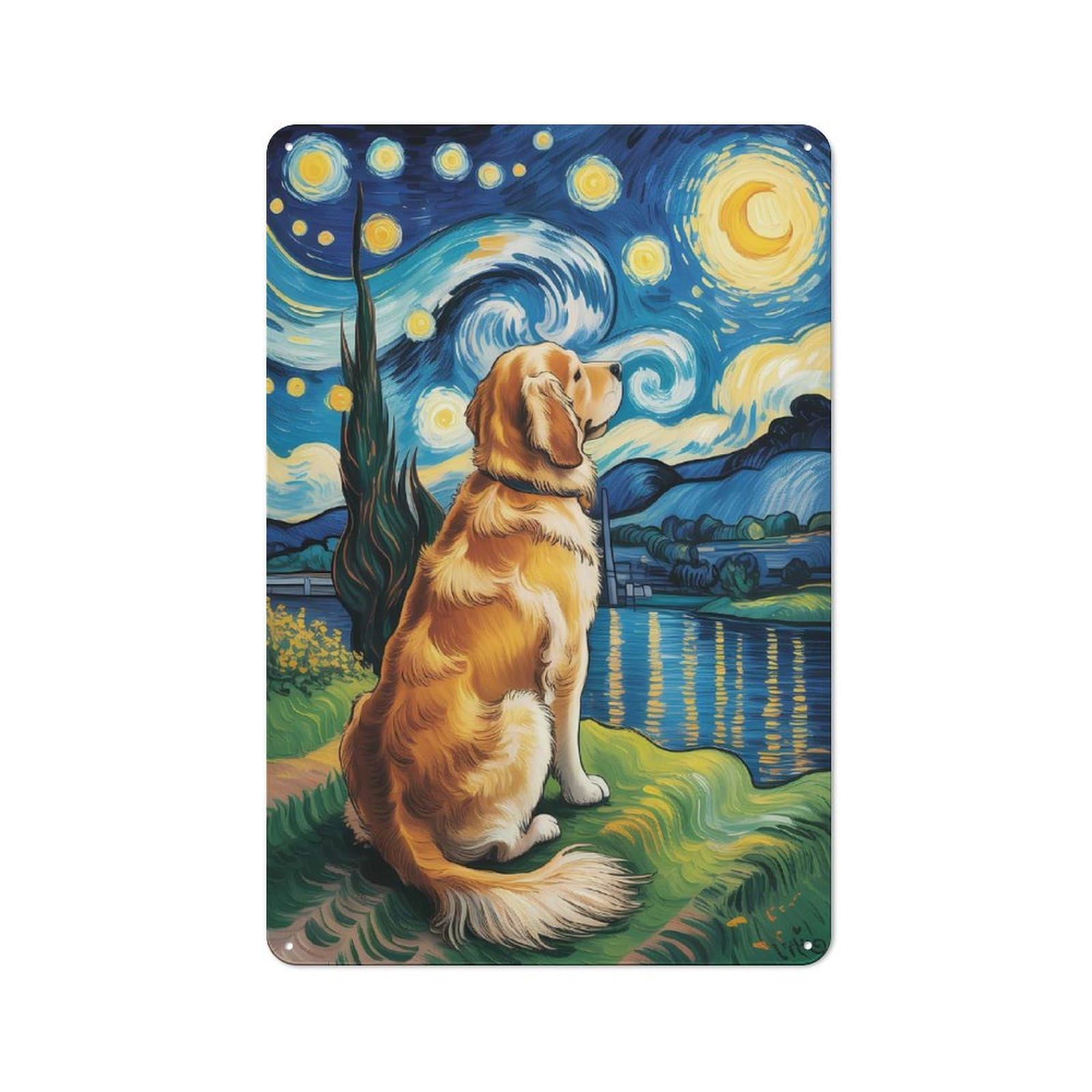 Junmoney Style Golden Retriever In Starry Night Rustic Tin Sign 30X20cm For Café Or Home Bar, Suited To Hospitality Decor Collectors