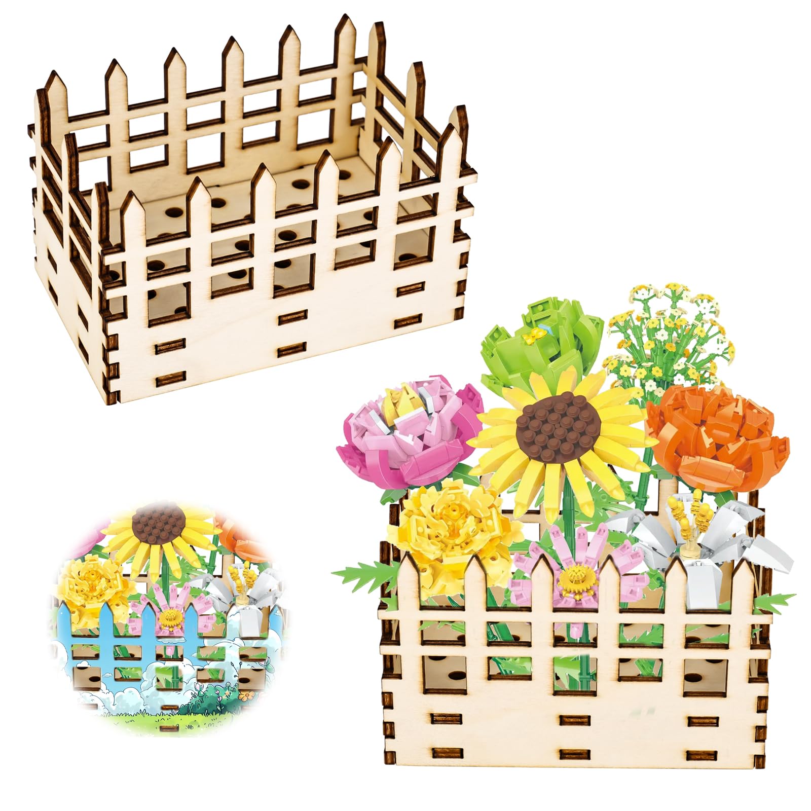 Jarrón para Lego Flores, Jarrón de Madera, Jarrón de Rompecabezas, Soporte de Exhibición de Valla de Madera para Lego Flores