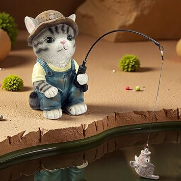 GARDEN WHISPER Cat Statue Outdoor Koi Pond Garden Decoration, Grey Cat Decor for Yard 7.1 Fishing Tabby Statue Outdoor Garden Decor, Fishing Guy for Waterfalls or Koi Pond Additioanl, Gifts for Mom