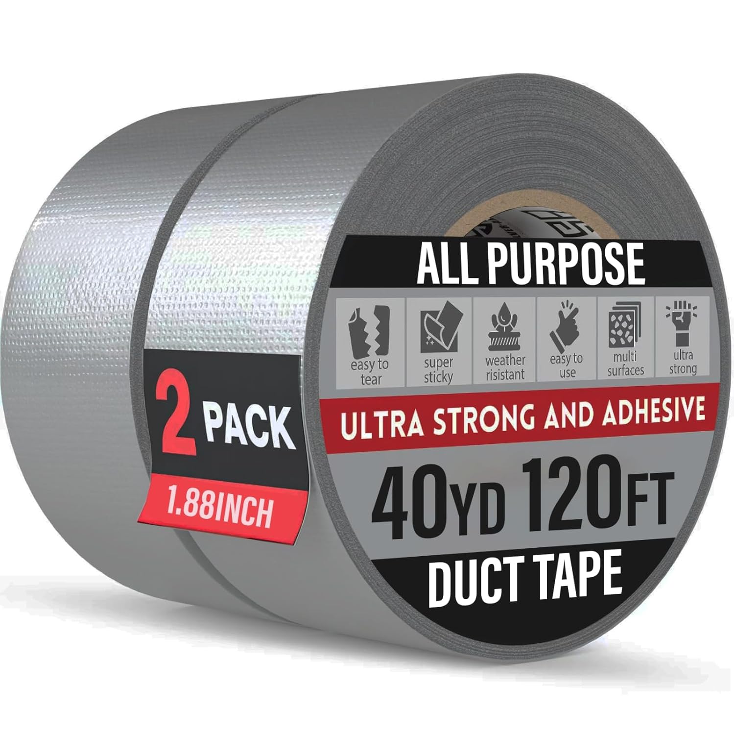 Silver Duct Tape Heavy Duty Waterproof 40 Yards 2 Pack Tear by Hand No Residue Strong Adhesive 2 inch Crafts Tape Duct Tape for Indoor Outdoor Repairs (2)
