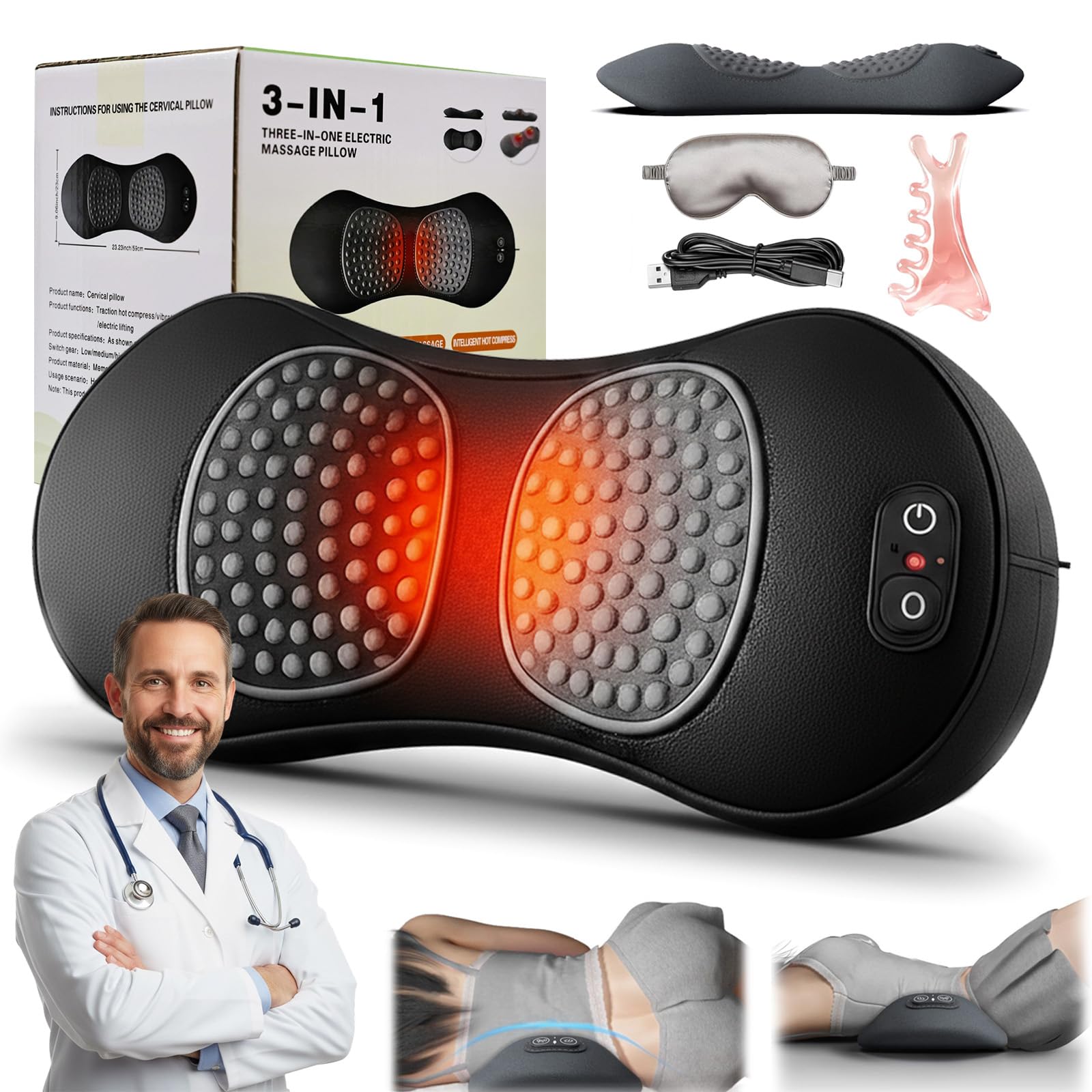 2026 Nouveau Masseur Sciatique 3-En-1, Appareil Massage Lombaire et Thérapie du Dos, Traction Chauffage Vibrations, Support Ergonomique pour Soulagement Nuque Épaules Sommeil (Noir,USB)