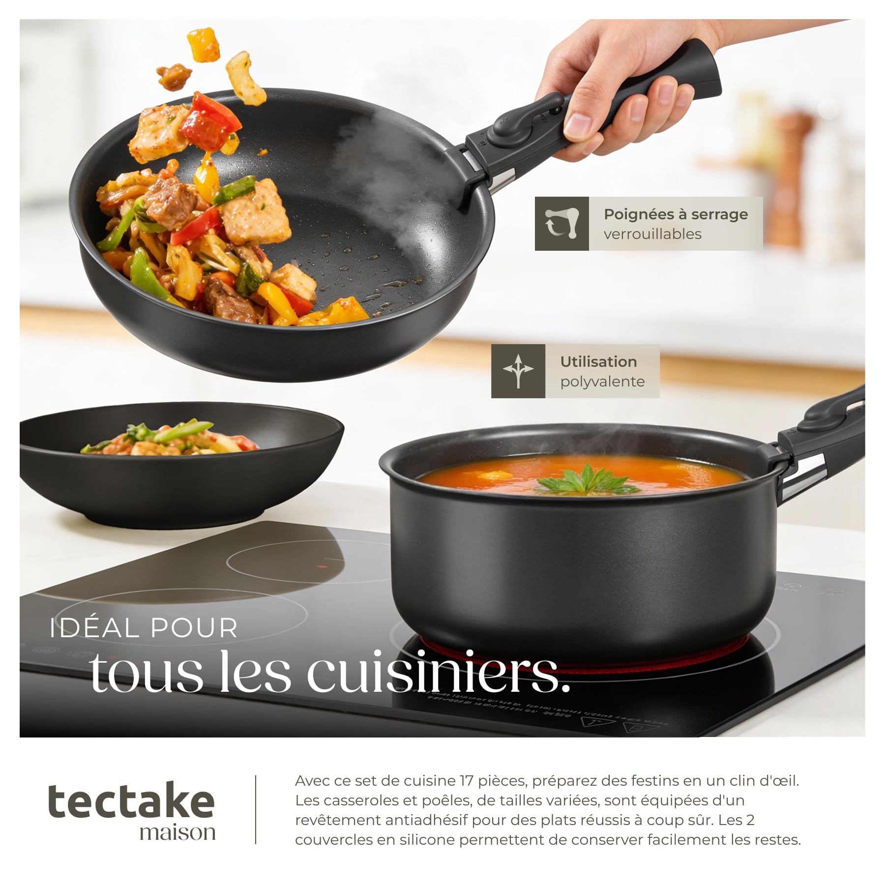 tectake® Set de cuisine 47 pièces, Service de table 6 personnes et Batterie de cuisine, Poêles Casseroles Service vaisselle Assiettes petites et grandes Assiettes creuses Bol Tasse Vaisselle en grès