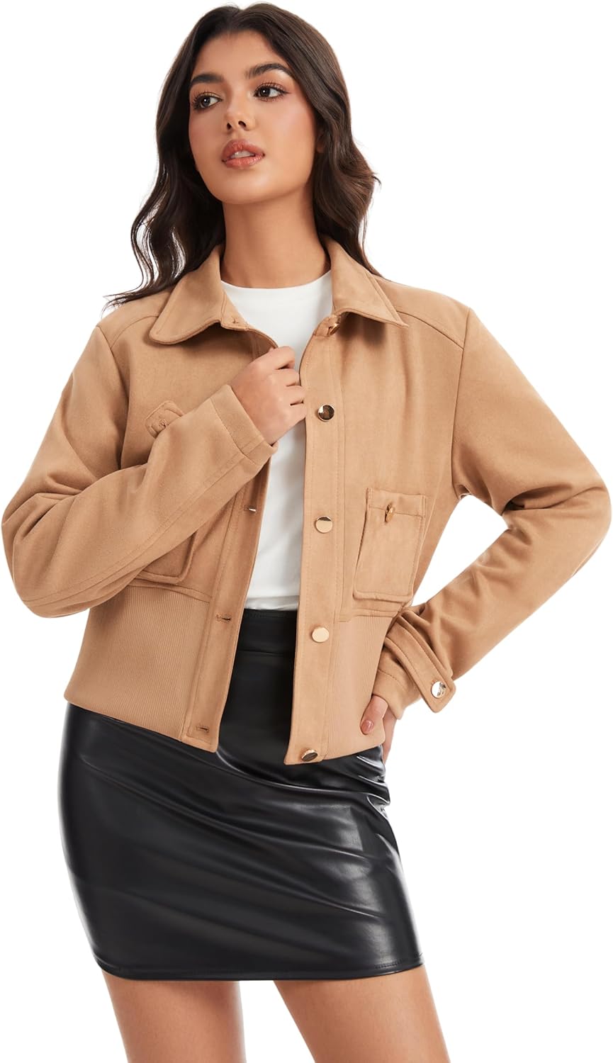 Moreone Women's Faux Suede Cropped Bomber Jacket for Women, Lightweight Button Down Spring Coat with Pockets