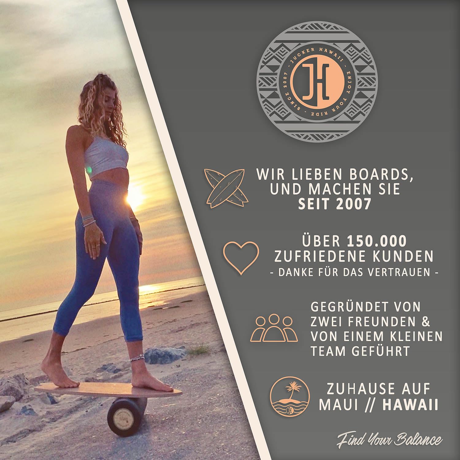 JUCKER HAWAII Balance Boards - Trick & Surf Balanceboard (100% Echtholz) mit extra rutschfester Oberfläche - Find Your Balance