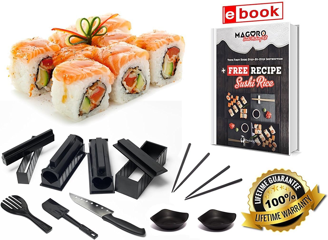 Sushi Making Kit - 15-Piece DIY Sushi Set with Chopsticks, Sauce Dishes, Sushi Knife, Sushi Maker With Step By Step Instructions & Recipe Book - By Masscotta