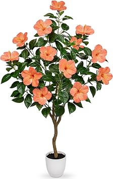 Briful Artificial Hibiscus Tree 4.13ft Tall Real Touch Fake Tree with Orange Flowers Potted Faux Plant Indoor Realistic Floor Plants for Front Porch Outdoor Home, Patio Decor