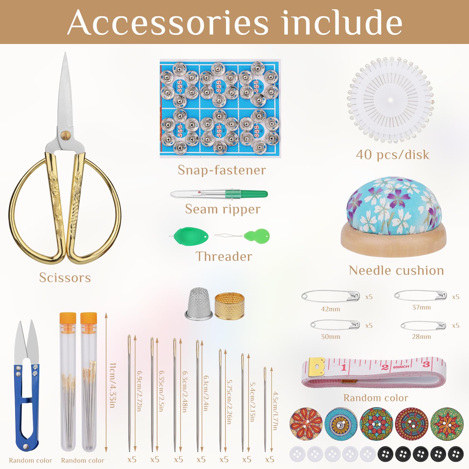 Juego de kit de costura, caja de kit de costura de madera, suministros de costura para principiantes y accesorios de ropa de emergencia, accesorios de manualidades con hilo, tijeras, agujas, cinta