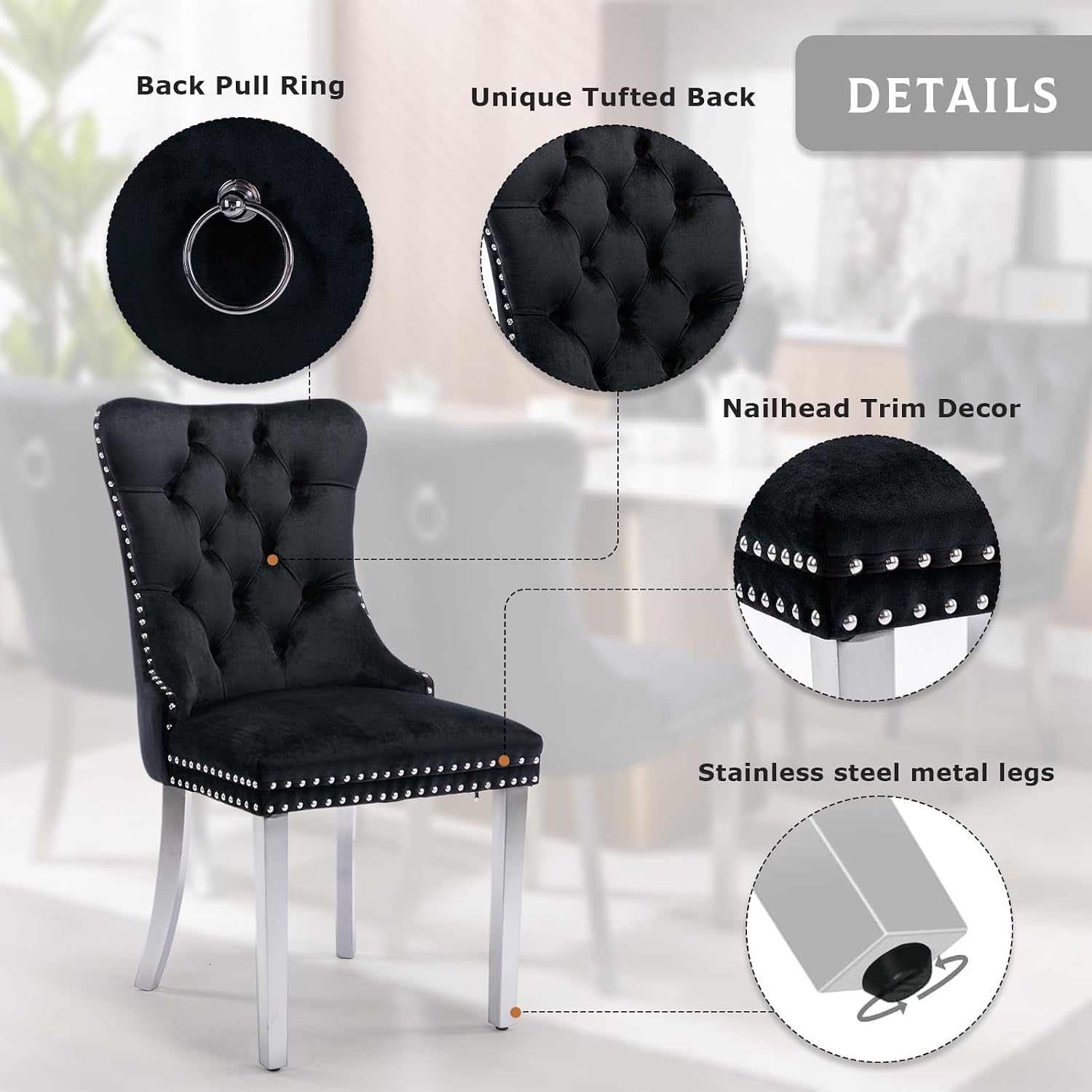 Velvet Dining Chairs Set of 4,Upholstered Dining Room Chairs with Ring Pull Trim&Sliver Stainless Steel Legs,Farmhouse Tufted Kitchen Chairs with Nailhead,Black