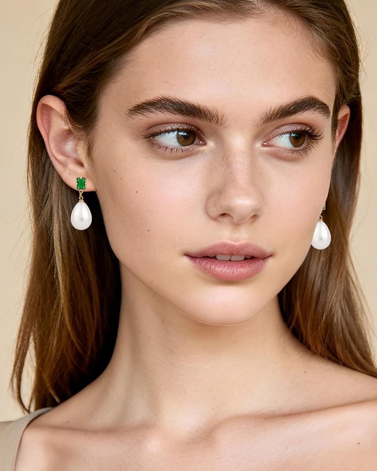 14k Gold Plated Emerald White Pearl Drop Dangle Studs Earrings Teardrop Vintage Square Stone Earrings for Women Brides and Bridesmaids - Image 3