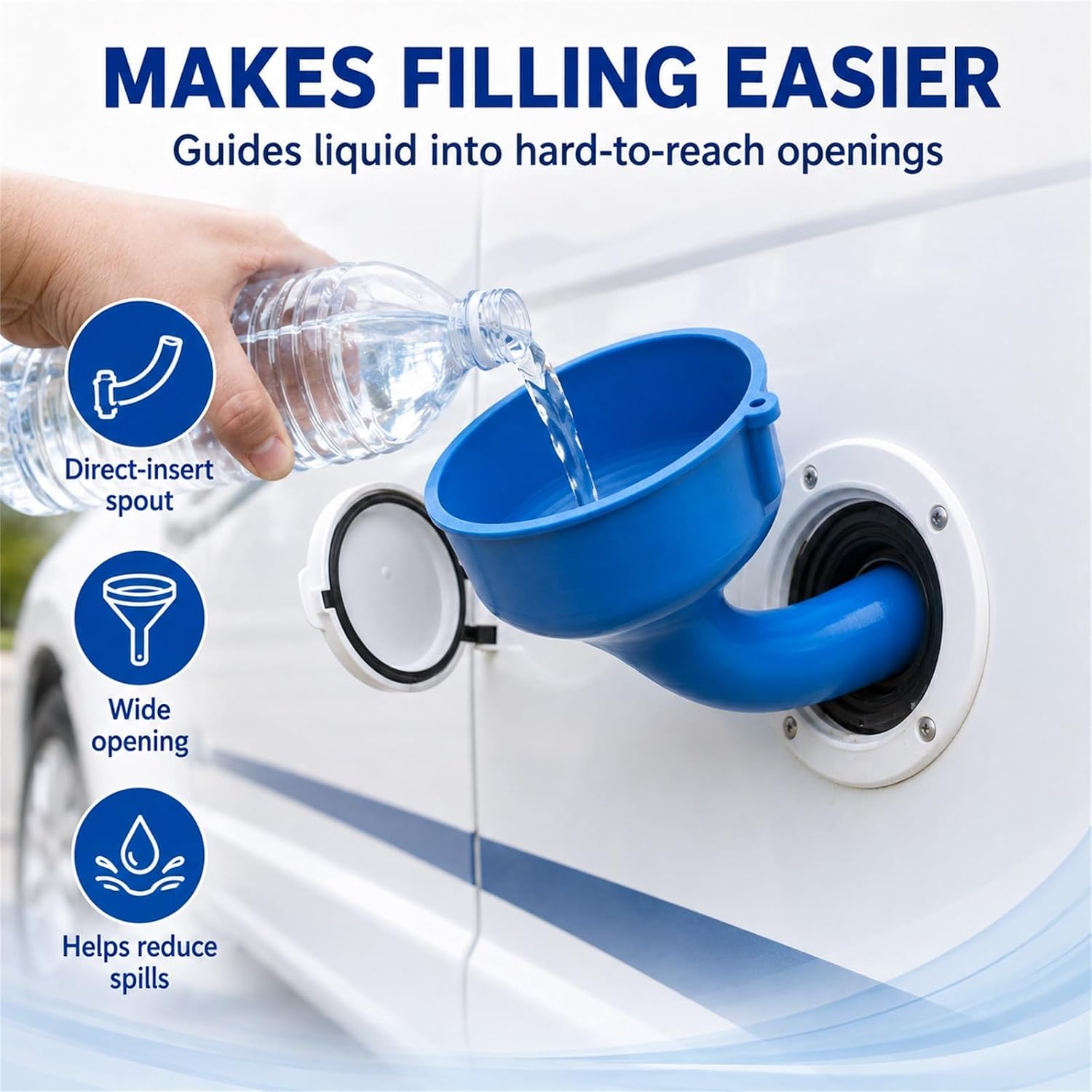 RV Fresh Water Fill Funnel with Built-in Air Vent,Wide Mouth & Round Spout,Blue PETG RV Water Filling Funnel for Gravity Inlets,Campers,Motorhomes & Travel Trailers