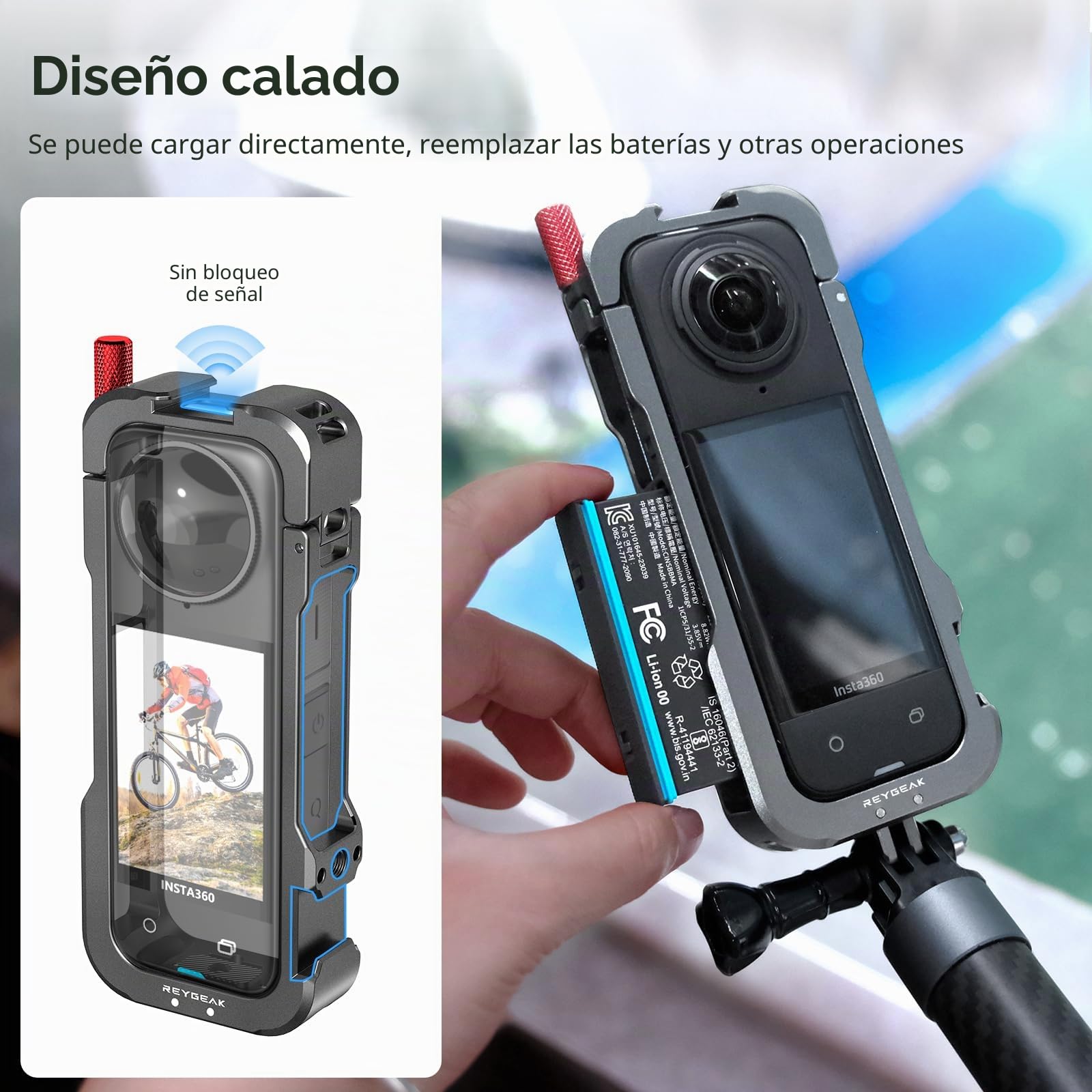 REYGEAK Funda para Insta360 X4, Marco de Aluminio para Insta360 X4, Jaula Protectora con Cubierta de Lente de Silicona, Interfaz de Zapata fría con roscas de 1/4 Pulgadas, Montaje de Zapata fría con