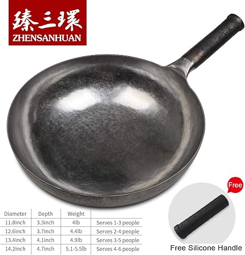 Miniatura 3 de ZhenSanHuan - Woks chinos de hierro martillado a mano y sartenes para saltear, antiadherentes, sin revestimiento, acero al carbono Pow (12.6 in,