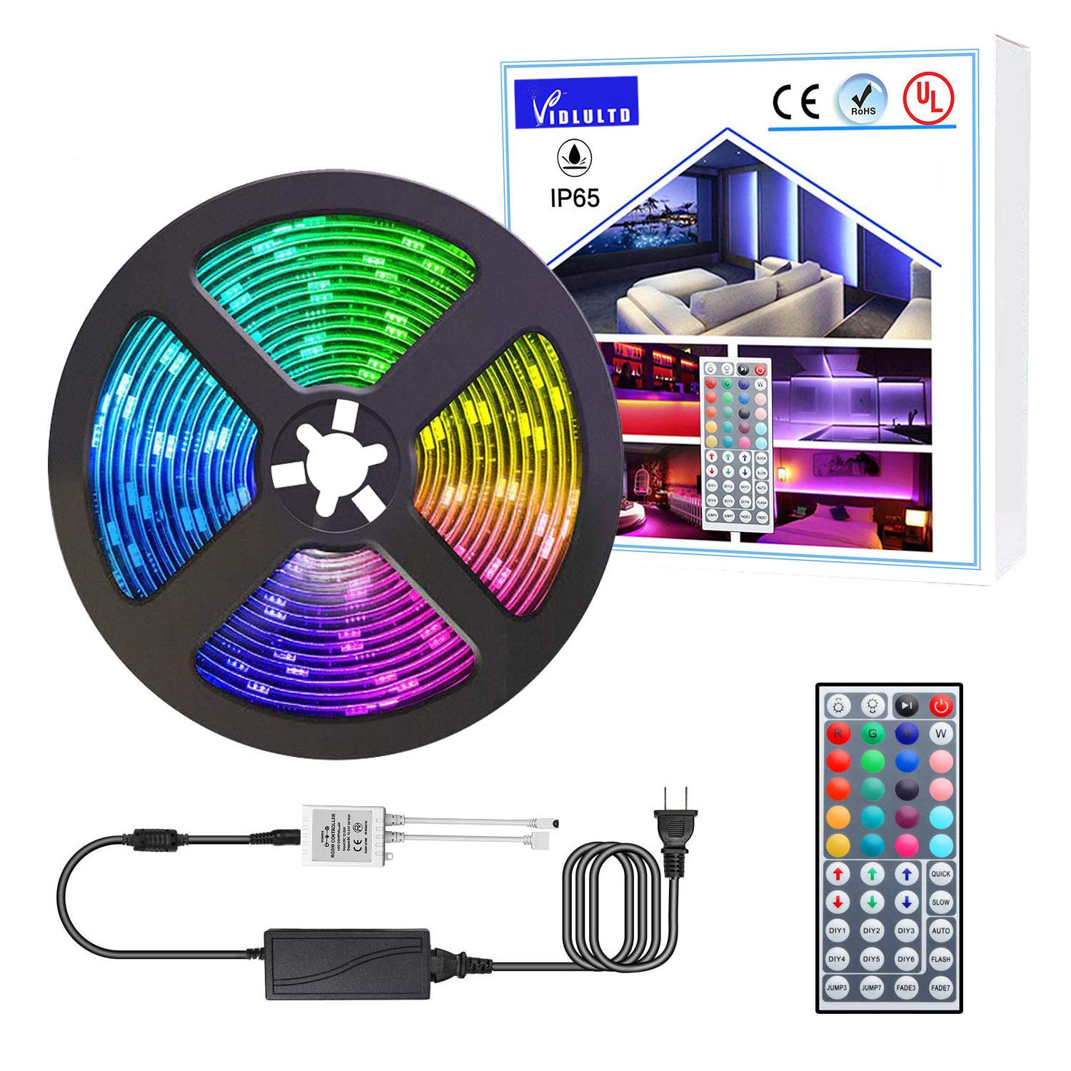 LED Strip Lights, 5050 16.4ft (5M) Flexible RGB Led strip lights Waterproof Rope Lights Kit with 44key Led Controller 12V Power Supply for Bedroom Kitchen Cabinet Ceiling TV Car