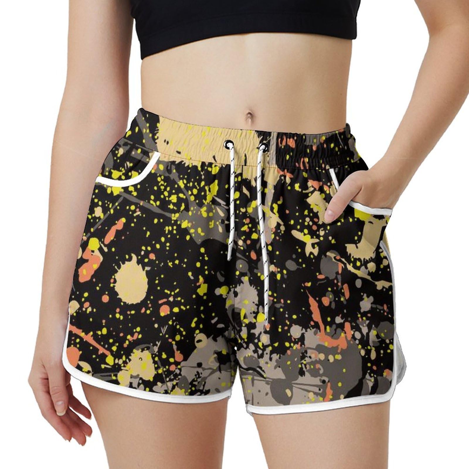 AYUNIX Women's Running Shorts with Pockets Quick Dry Performance Shorts for Women Colorful Paint Athletic Workout Gym Shorts