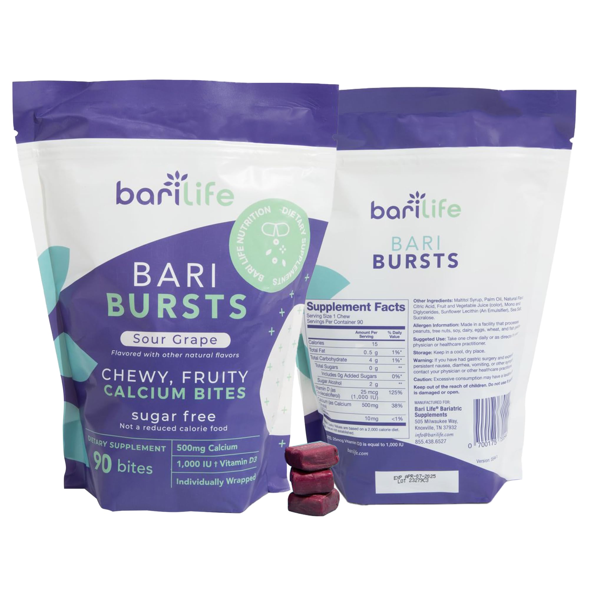 Calcium Citrate Bariatric Calcium Chews with 1000 IU Vitamin D3 - Ideal for Bariatric Patients - BariBurst by Bari Life (Sour Grape) — Amazon image 2