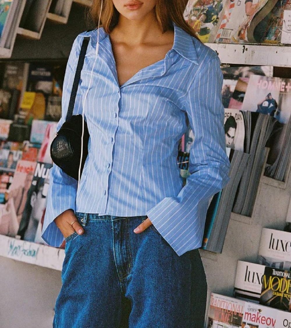 Trendy Fitted Button Down Shirts for Women Long Flare Sleeve Striped Cropped Shirt Business Top Autumn Blouse - Image 2