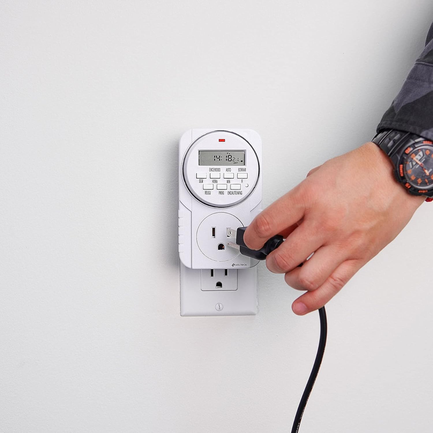 Volteck TEM-8 Digital Timer plugged into an outlet