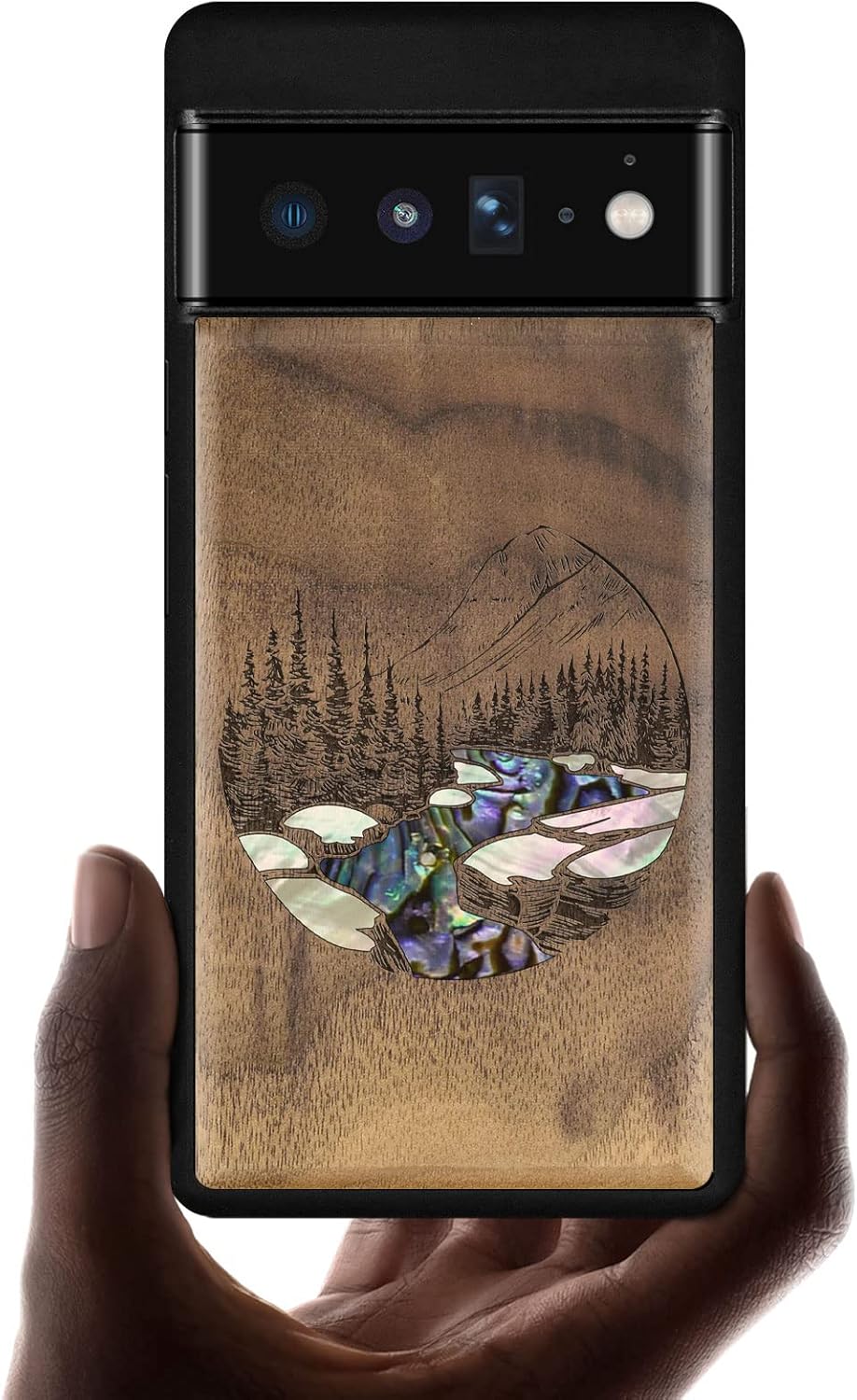 Carveit Designer Wooden Case for Google Pixel 6 Pro Case Cover [Wood Engraving & Shell Inlay] Compatible with Wireless Chargers Pixel 6 Pro (White-Dove-Rosy)