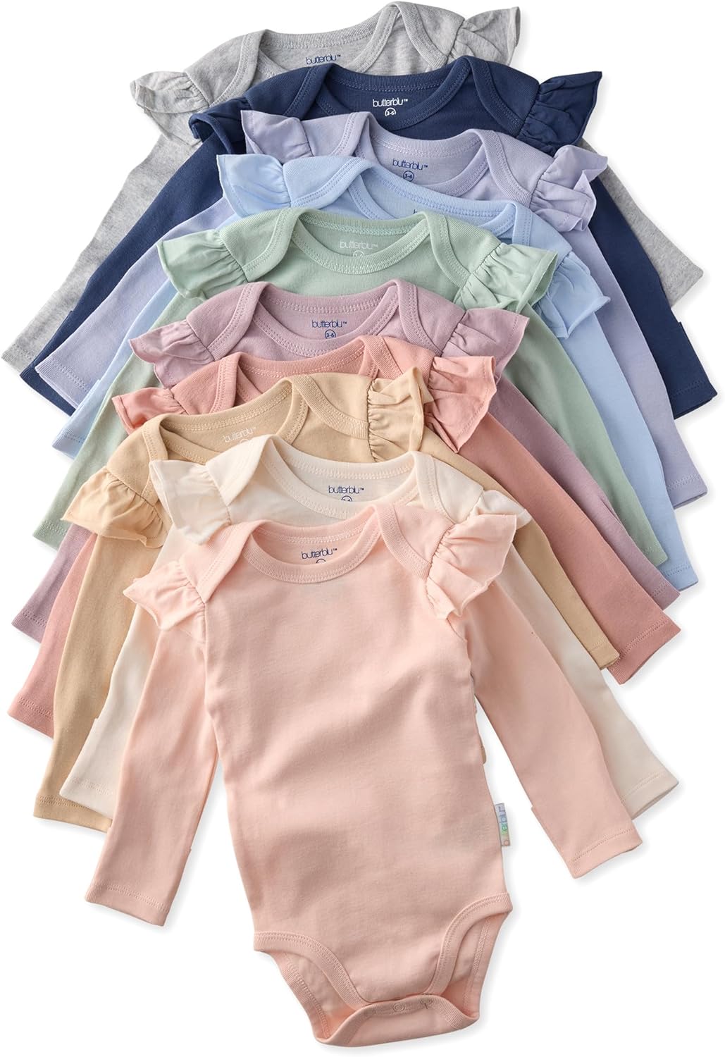 Butterblu Ashley 10-Pack Long Sleeve Ruffle Shoulder Bodysuits 100% Organic for Baby Girls