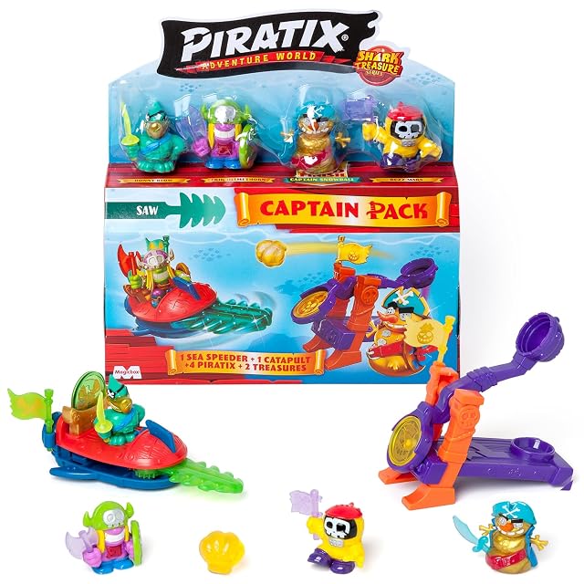 PIRATIX Adventure World Serie Shark Treasure, Captain Pack, Saw con 4 Piratix, 1 capitán Dorado, 4 Accesorios 'Cristales', Sea Speeder, catapulta, 2 Banderas Efecto Cristal, Pack 1/6