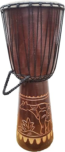 Miniatura 41 de Djembe Drum Carved Bongo música de inspiración africana también una idea única para regalar. Carver Abstract Elephant Giraffe Turtle.