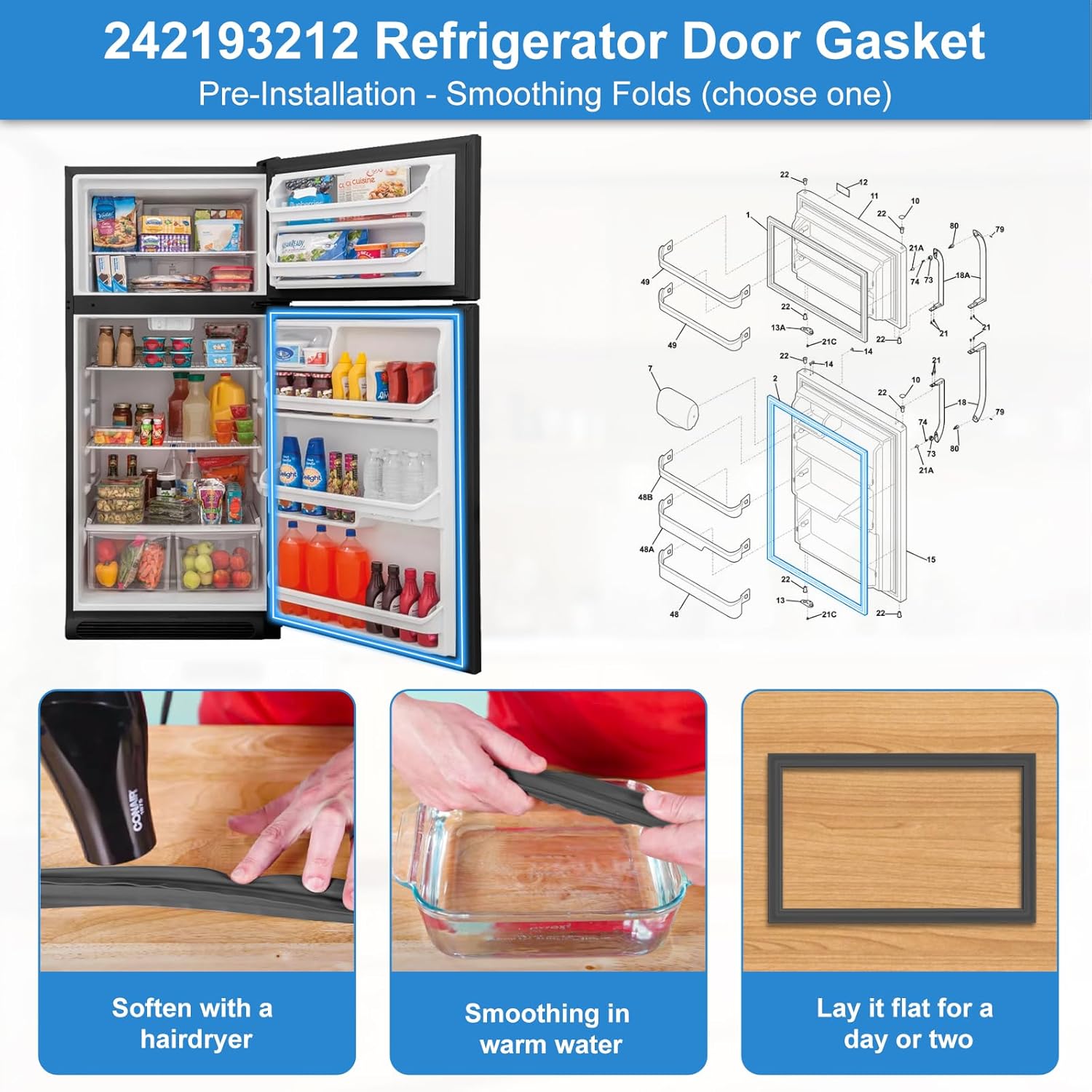 UPGRADED 242193212 Refrigerator Door Gasket Compatible with Frigidaire Kenmore Crosley Refrigerator Door Gasket Replacement AP5806924 PS9493822 Fridge Door Gasket Refrigerator Door Seal Replacement