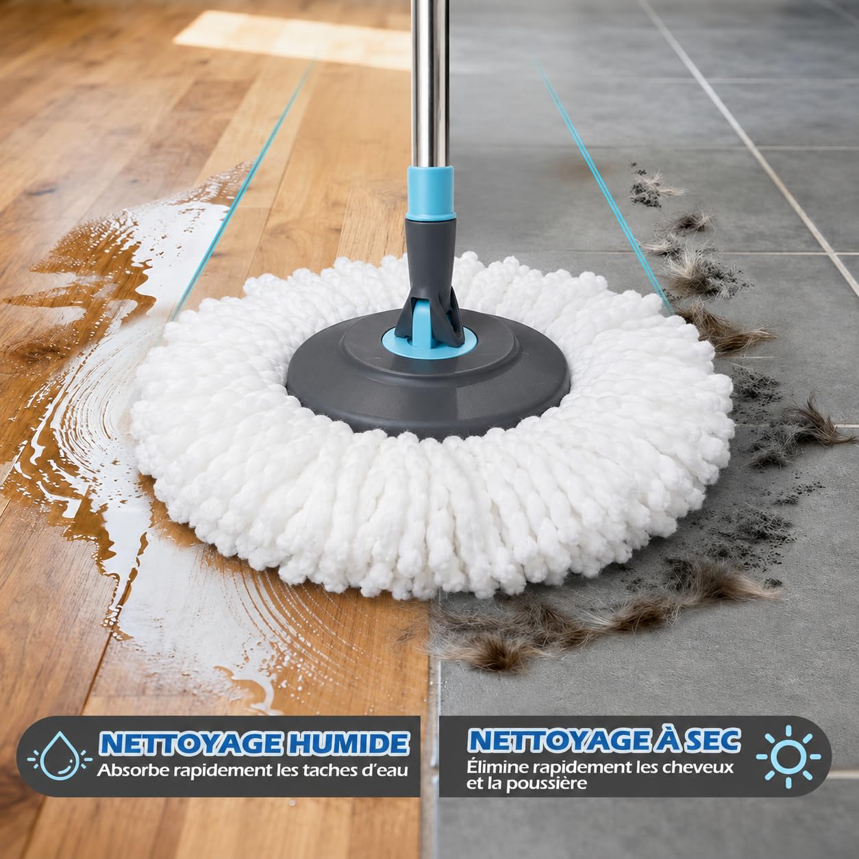 Kimiz Scopa mocio rotante con innovativo sistema di acqua pulita/acqua sporca – pulire sempre con acqua pulita – Secchio strizzatore a pedale con microfibra ultra assorbente
