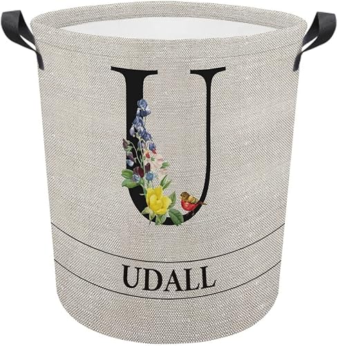 Miniatura 8 de MALIHONG Cesta de lavandería con inicial floral personalizada, monograma, nombre personalizado, flores y pájaros, cesta de ropa plegable de tela,